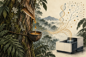 Illustration of benzoin resin dripping from a tapped tree into a bowl, with a DNA strand and data points leading toward a laboratory machine