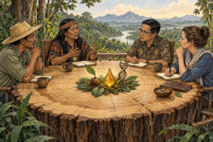 A farmer, an Indigenous representative, an Indonesian scientist and an international researcher sit around a table shaped like a tree trunk.