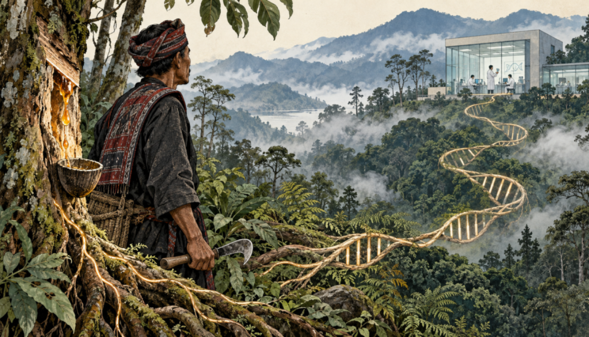 A benzoin farmer in a mountain forest looks toward a laboratory as tree roots turn into a DNA-shaped path. From the forest to the laboratory. AI-generated illustration for Hariara Institute; not a documentary image of real people or events.