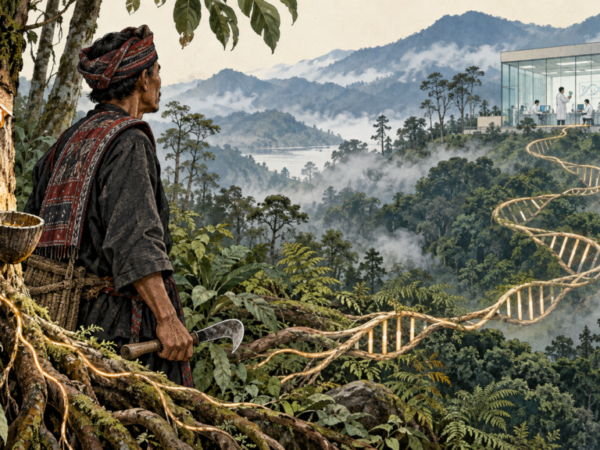 A benzoin farmer in a mountain forest looks toward a laboratory as tree roots turn into a DNA-shaped path. From the forest to the laboratory. AI-generated illustration for Hariara Institute; not a documentary image of real people or events.