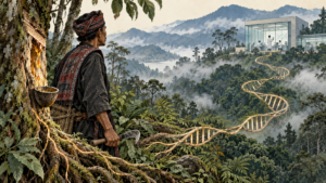 Illustration of a benzoin resin collector beside a tapped tree, looking toward a laboratory across a forested valley as a DNA-shaped path connects them.