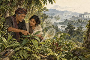 An elder shows a younger person a medicinal plant in the forest, with a laboratory in the distance.