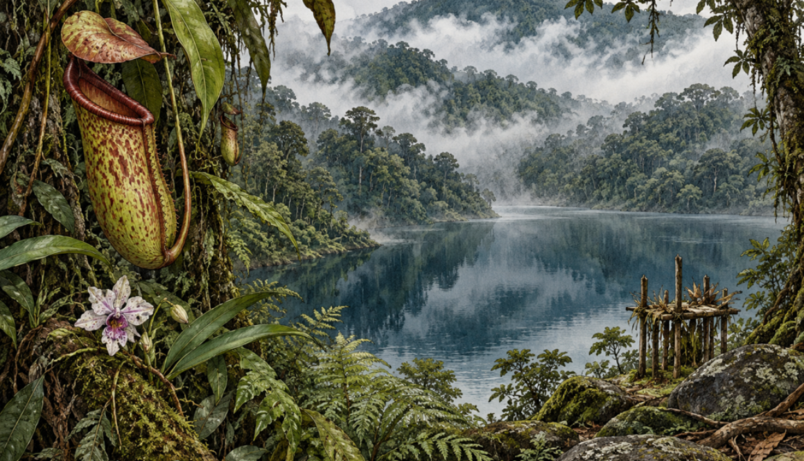 AI-generated illustration of a misty lake surrounded by the Sicike-cike rainforest, with a pitcher plant and orchid in the foreground.