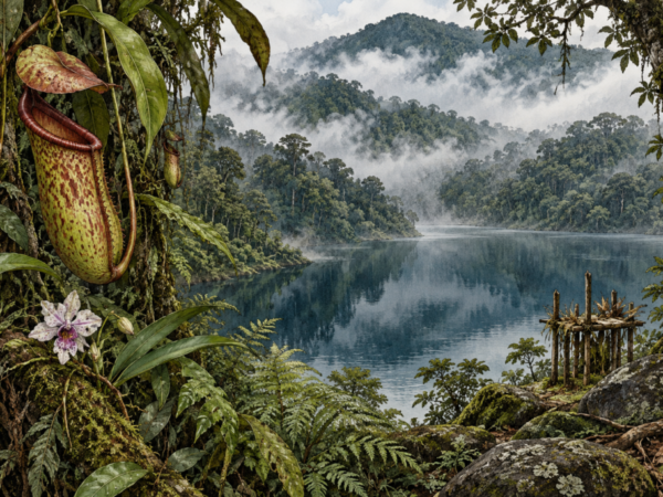 AI-generated illustration of a misty lake surrounded by the Sicike-cike rainforest, with a pitcher plant and orchid in the foreground.