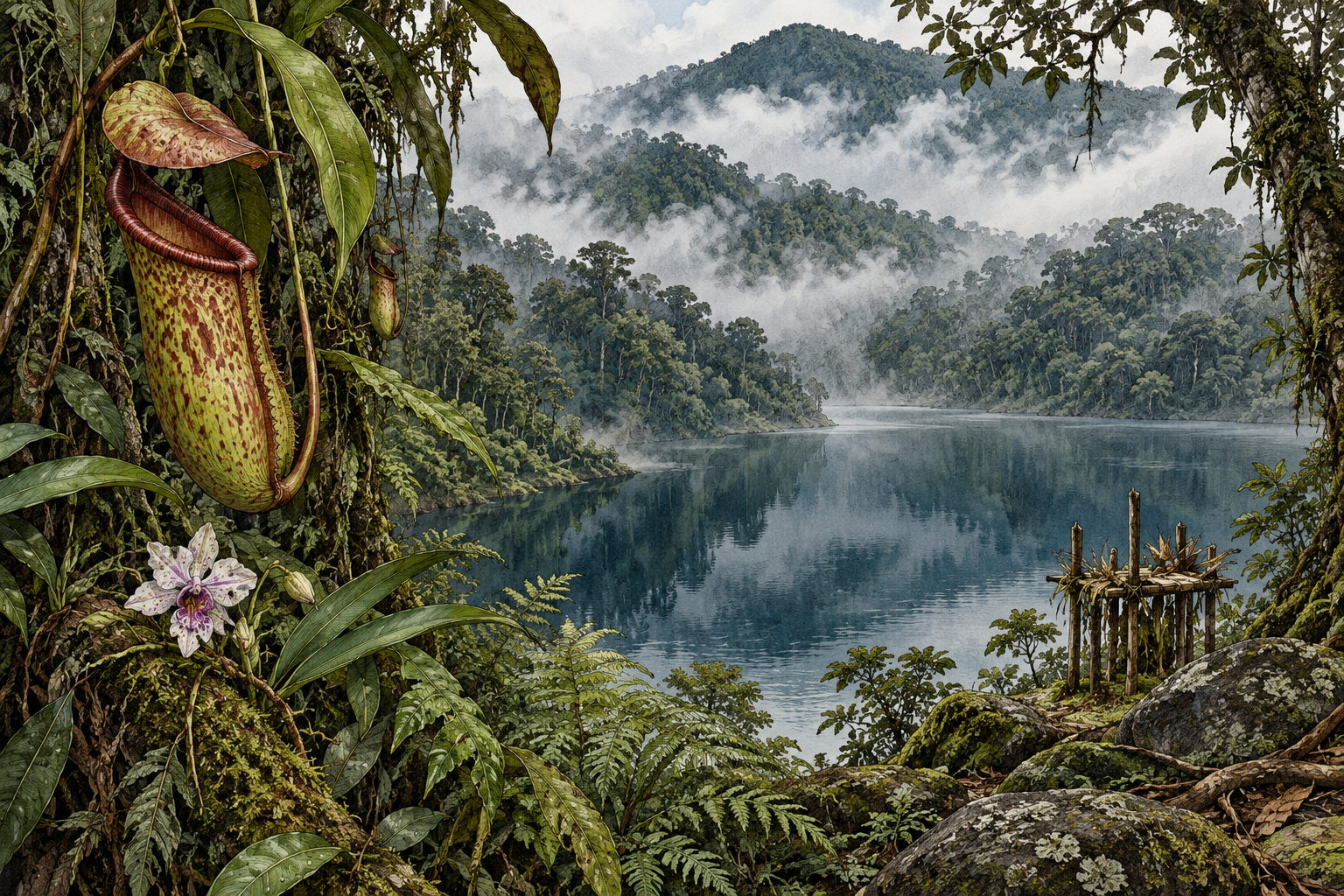 AI-generated illustration of a misty lake surrounded by the Sicike-cike rainforest, with a pitcher plant and orchid in the foreground.