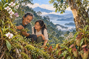 An elder shows a young person plants in the Sicike-cike forest